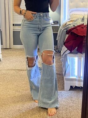 High-Rise Light Wash Distressed Wide-Leg Jeans